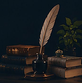 Перо в чернильнице и стопка книг